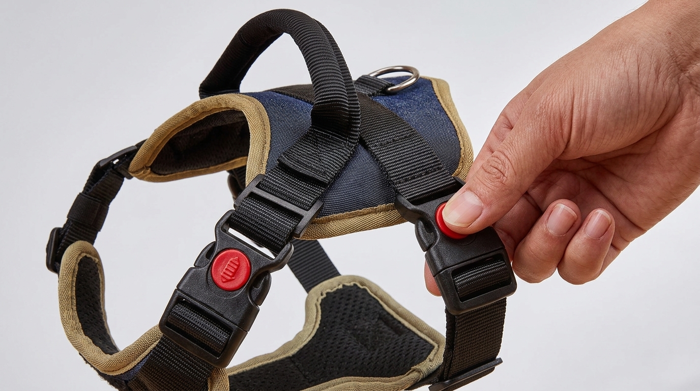 Hand pressing the red push-button release buckle on PawFit harness
