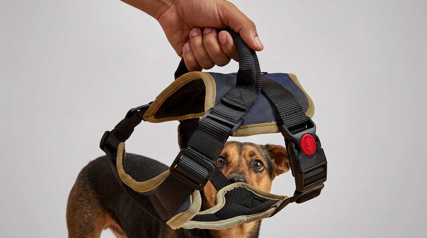 Hand gripping the PawFit padded top handle for instant dog control