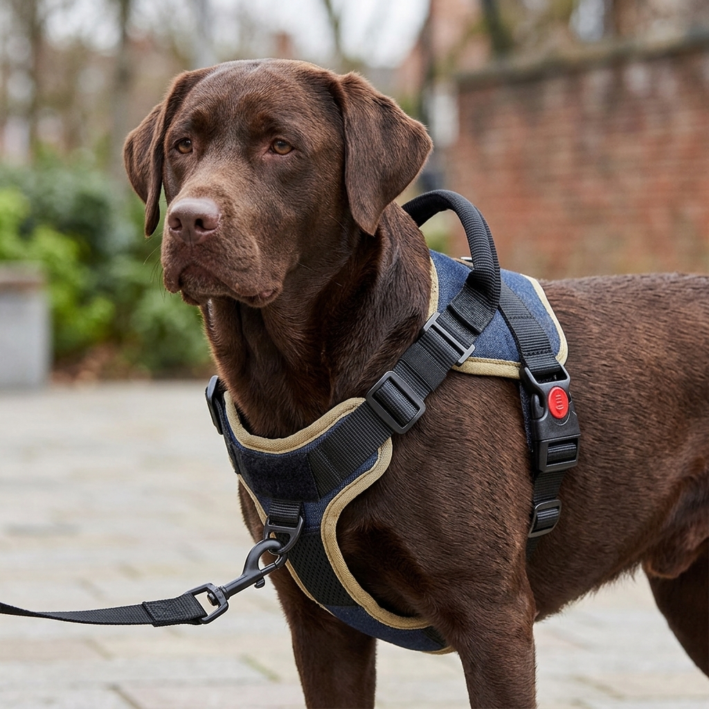 Chocolate Labrador wearing PawFit escape-proof harness, leash under tension on urban UK path