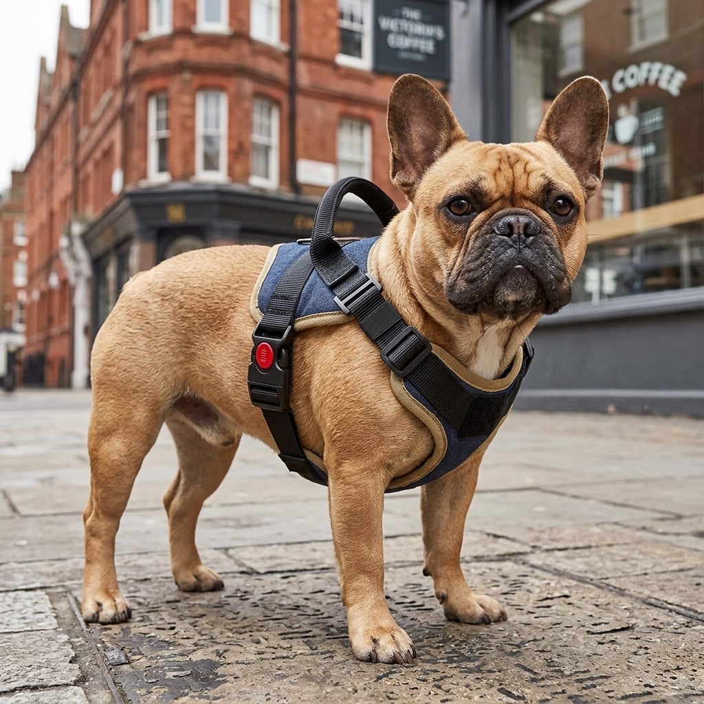 French bulldog wearing the Tetherway escape-proof harness on a London cobblestone street