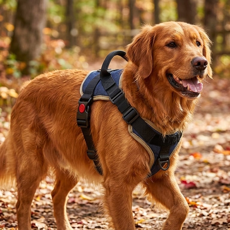 Golden retriever wearing the Tetherway escape-proof harness on a sunlit UK autumn forest path